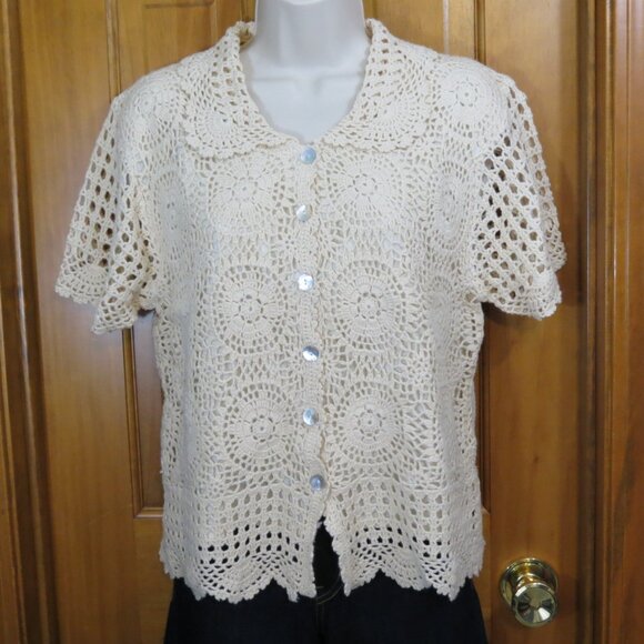 VTG Faith Mountain Cream Crochet Lace Sweater Top Lined Button Short Sleeve L - Picture 7 of 11